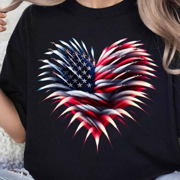 America 4th of July TShirt, Fighter Jet Airplane American Flag Heart Tee - Picture 1 of 4